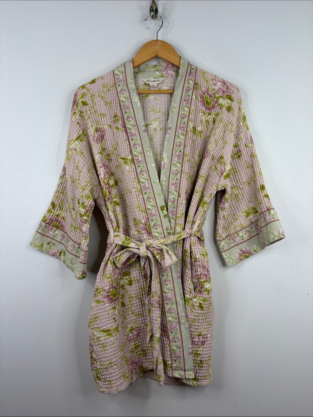 April Cornell Robe Womens Small Medium Pink Green Floral Cotton Waffle Kimono